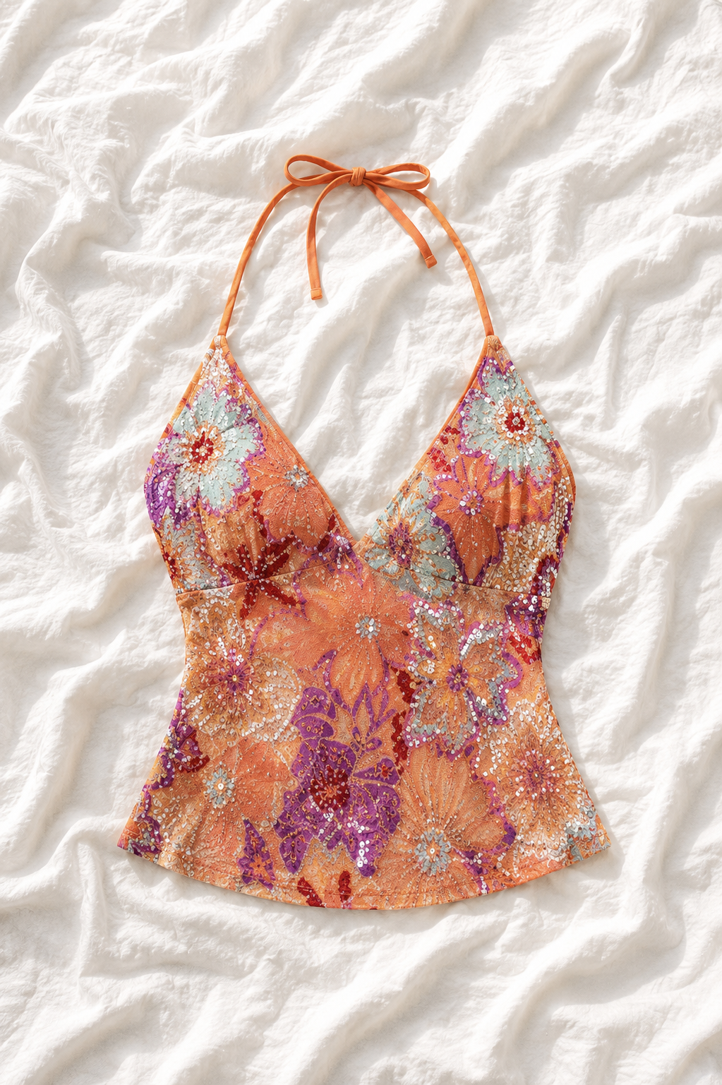 Top Dos Nu Floral à Sequins – Style Bohème Y2K
