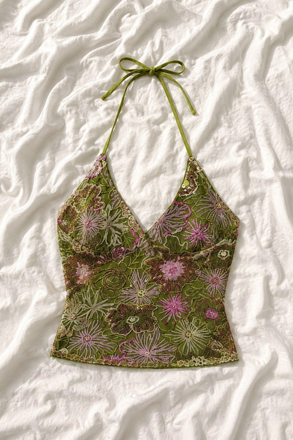 Top Dos Nu Floral à Sequins – Style Bohème Y2K