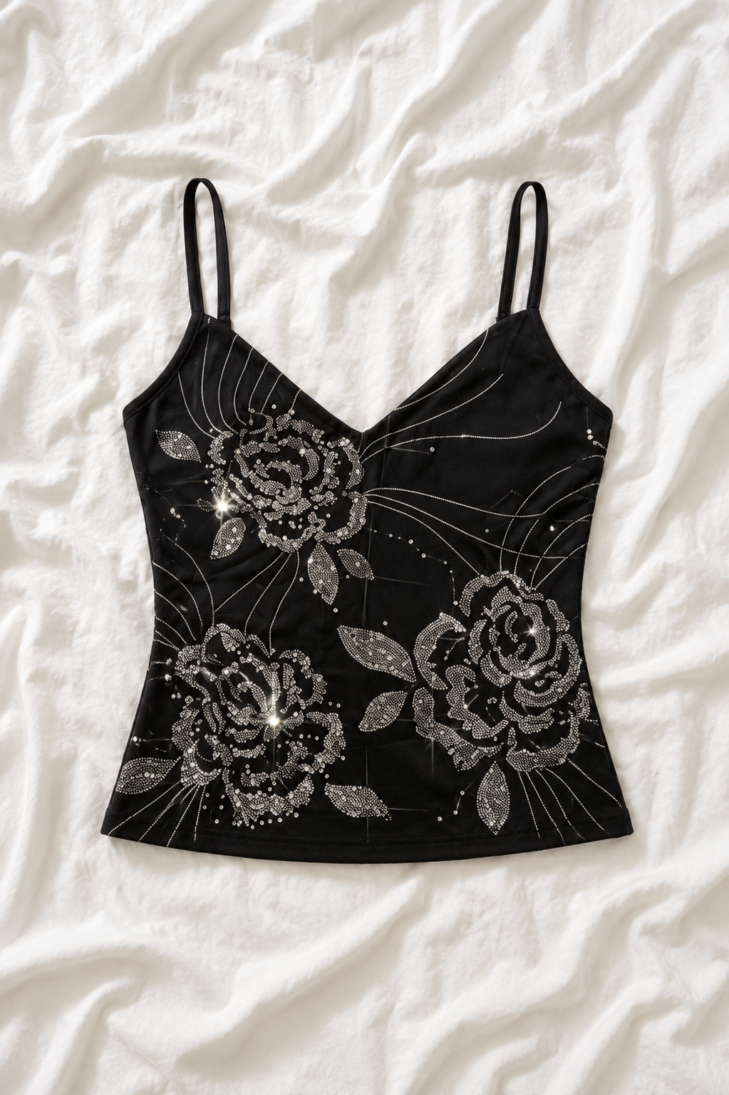 Top Caraco Fleuri à Strass – Style Glamour Y2K