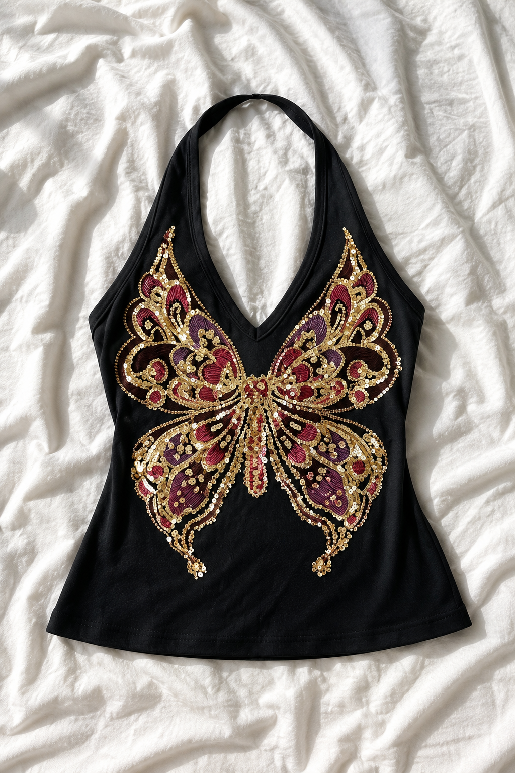 Top Dos Nu Papillon à Sequins – Style Y2K